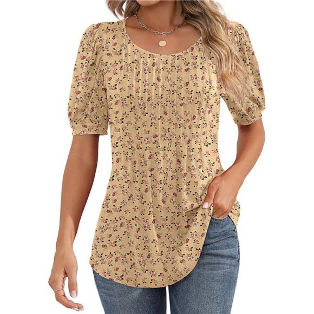 Women's Puff Short Sleeve Tunic Tops Pleated Crew Neck Blouses Casual Loose